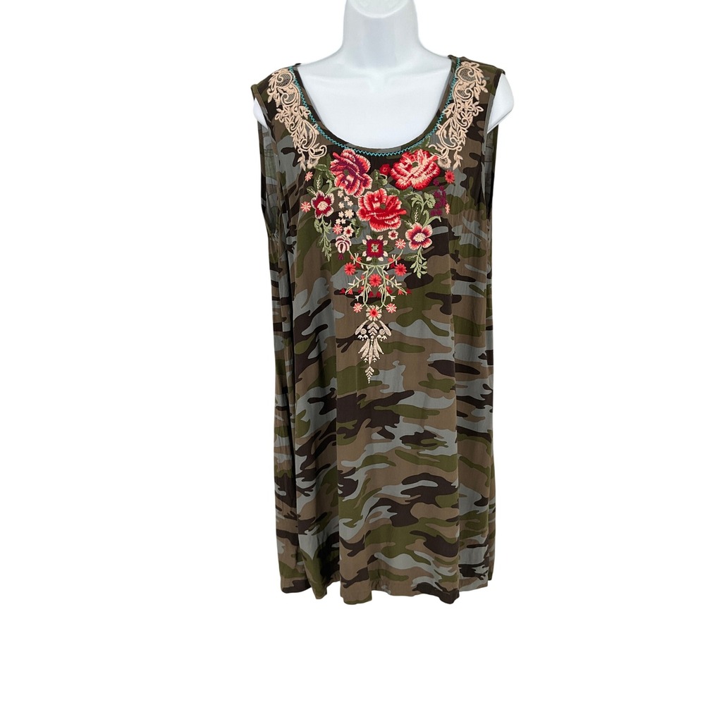 Savanna Jane Camo Dress Womens XL Green Floral Embroidered Boho Mini Shift‎